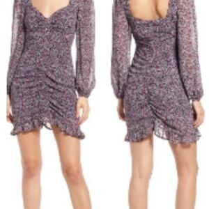 Floret Studios Magenta Floral Ruched Mini Dress Black Long Sleeve cottagecore